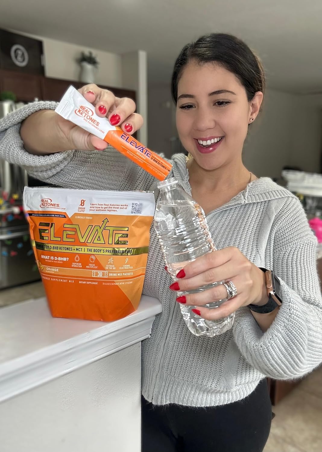 Real Ketones MCT & BHB, empaque naranja para viaje y control de porciones