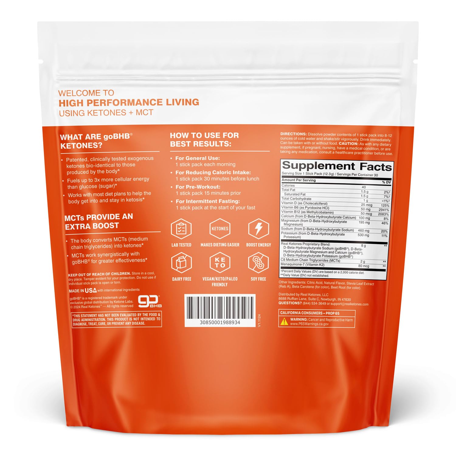 Real Ketones MCT & BHB, etiqueta naranja y empaque atractivo