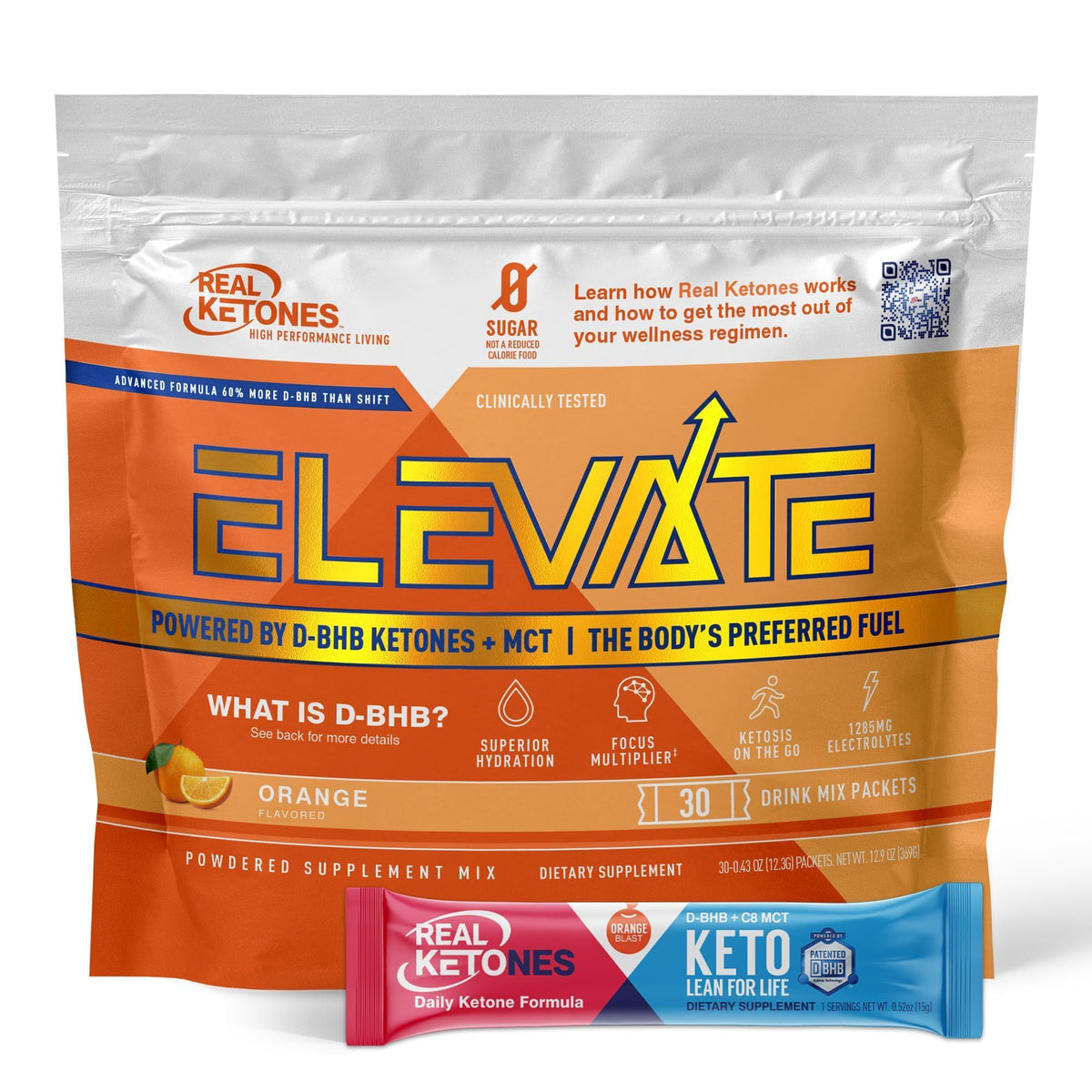 Real Ketones MCT & BHB, sobre naranja, listo para energía sostenida sin azúcar