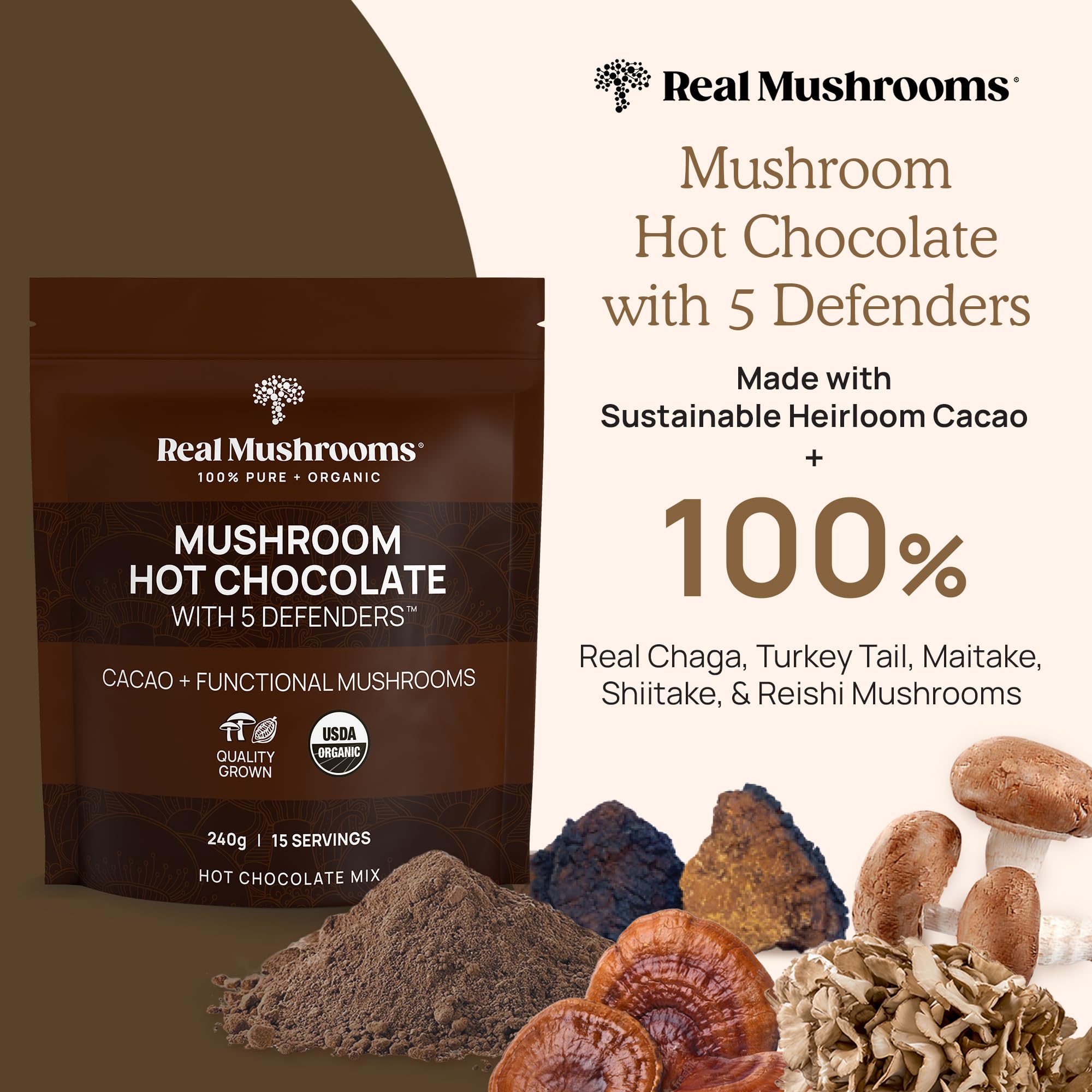 Real Mushrooms 5 Defenders, extracto en taza para un sabor intenso