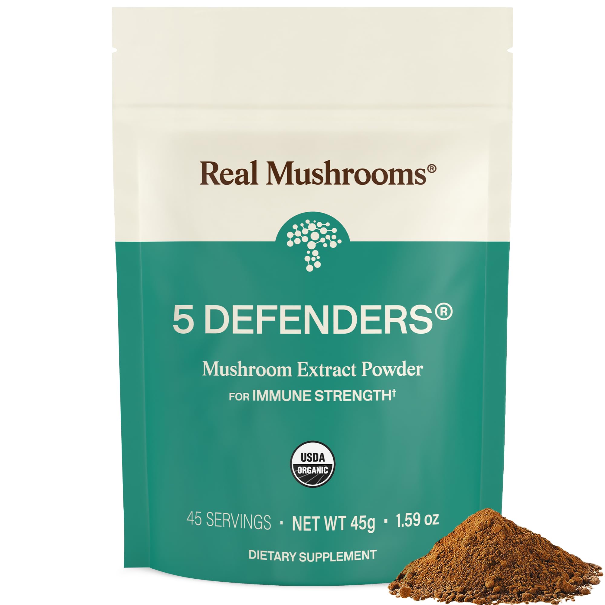 Real Mushrooms 5 Defenders polvo mezcla de hongos para apoyo al bienestar diario