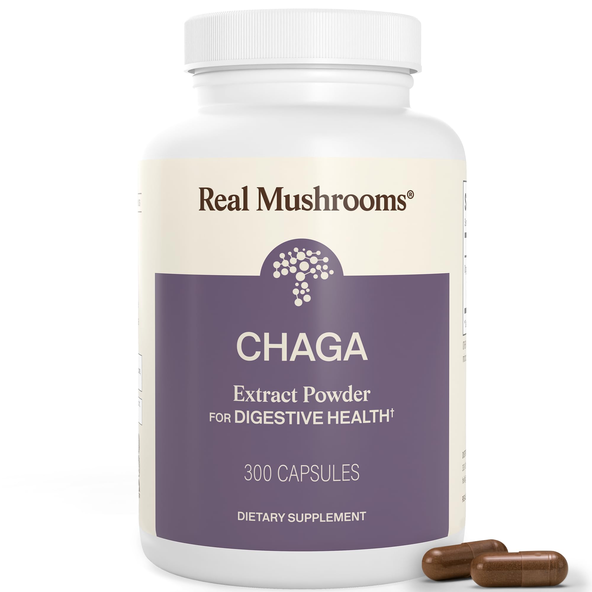 Real Mushrooms Chaga Cápsulas: envase frontal muestra la marca y la pureza del suplemento