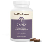 Real Mushrooms Chaga Cápsulas: envase frontal muestra la marca y la pureza del suplemento