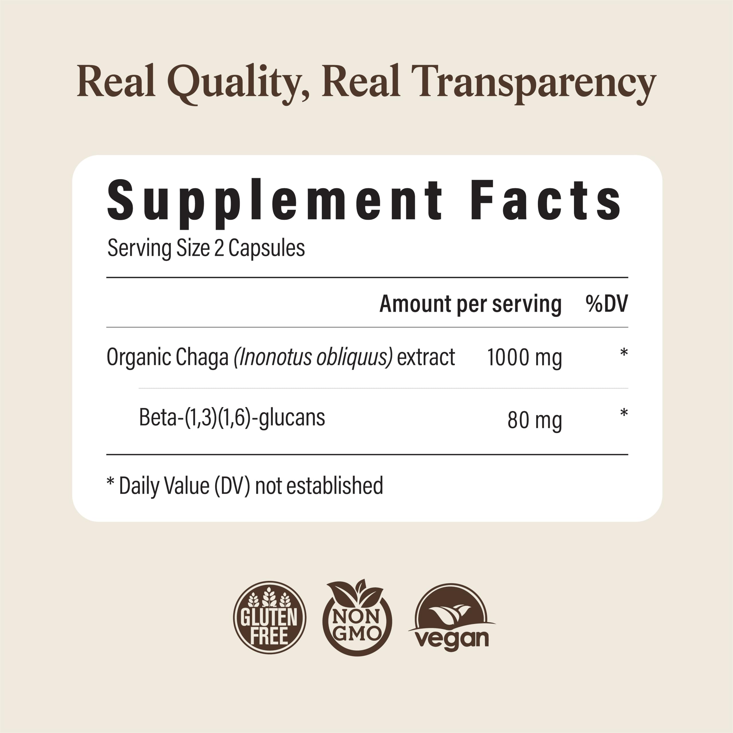 Real Mushrooms Chaga Cápsulas: libres de gluten y sin transgénicos para el paladar