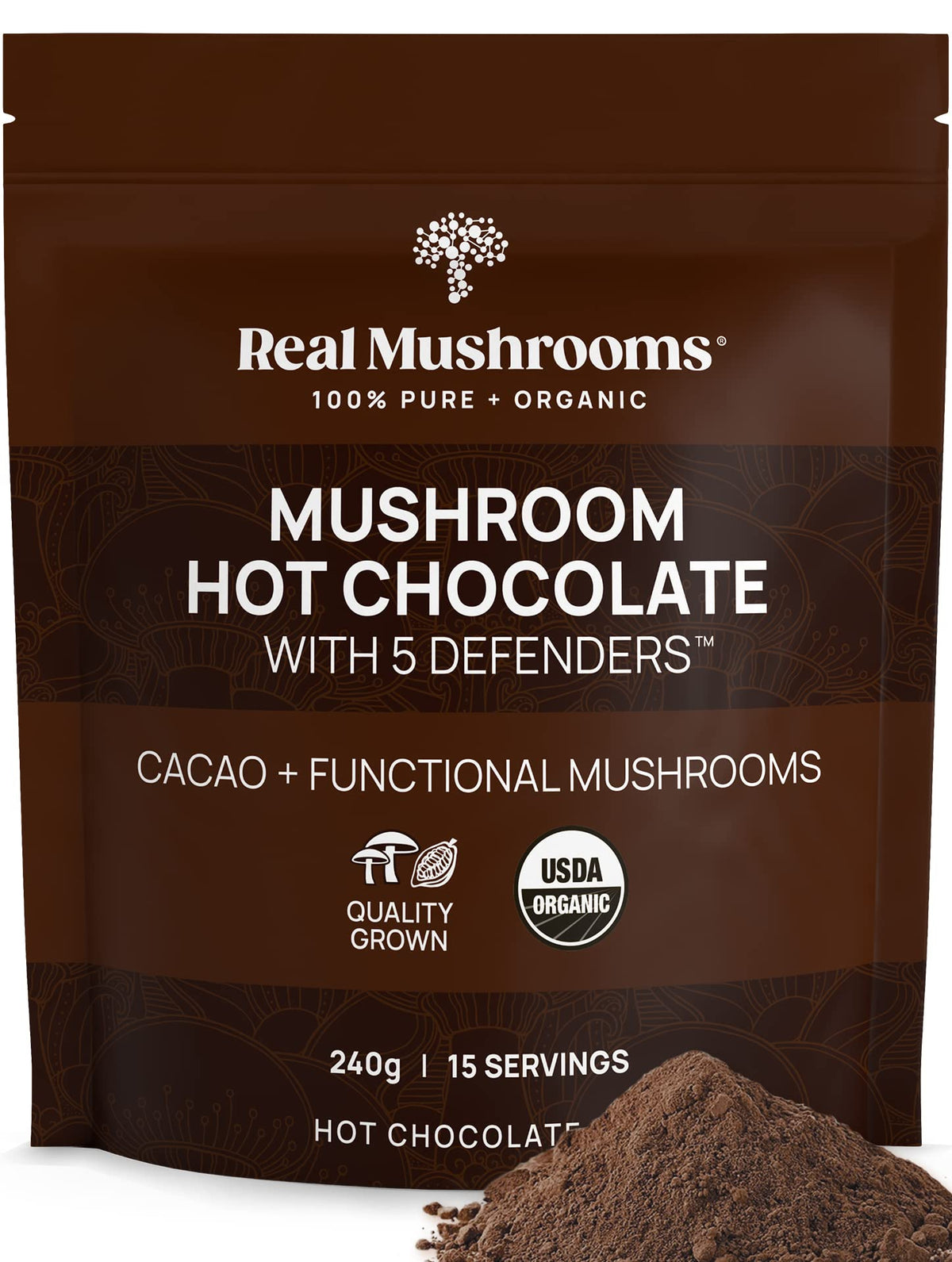 Real Mushrooms Chocolate Orgánico, taza caliente para una experiencia reconfortante
