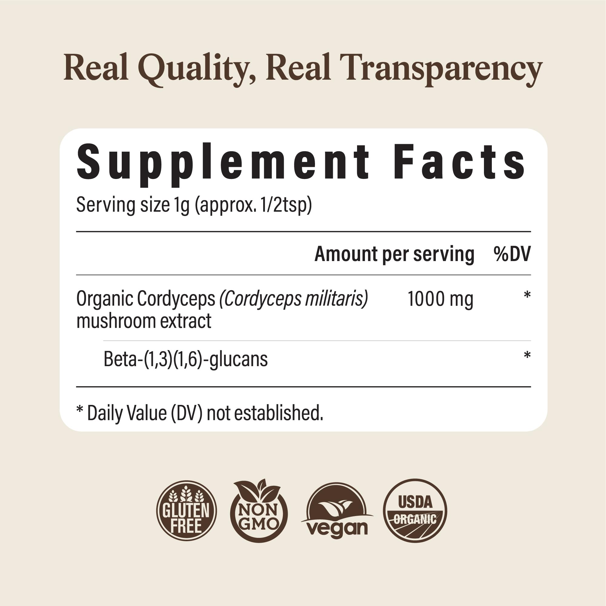 Real Mushrooms Cordyceps polvo, 60 porciones para uso diario.