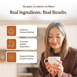 Real Mushrooms Cordyceps polvo para café cremoso con notas suaves.