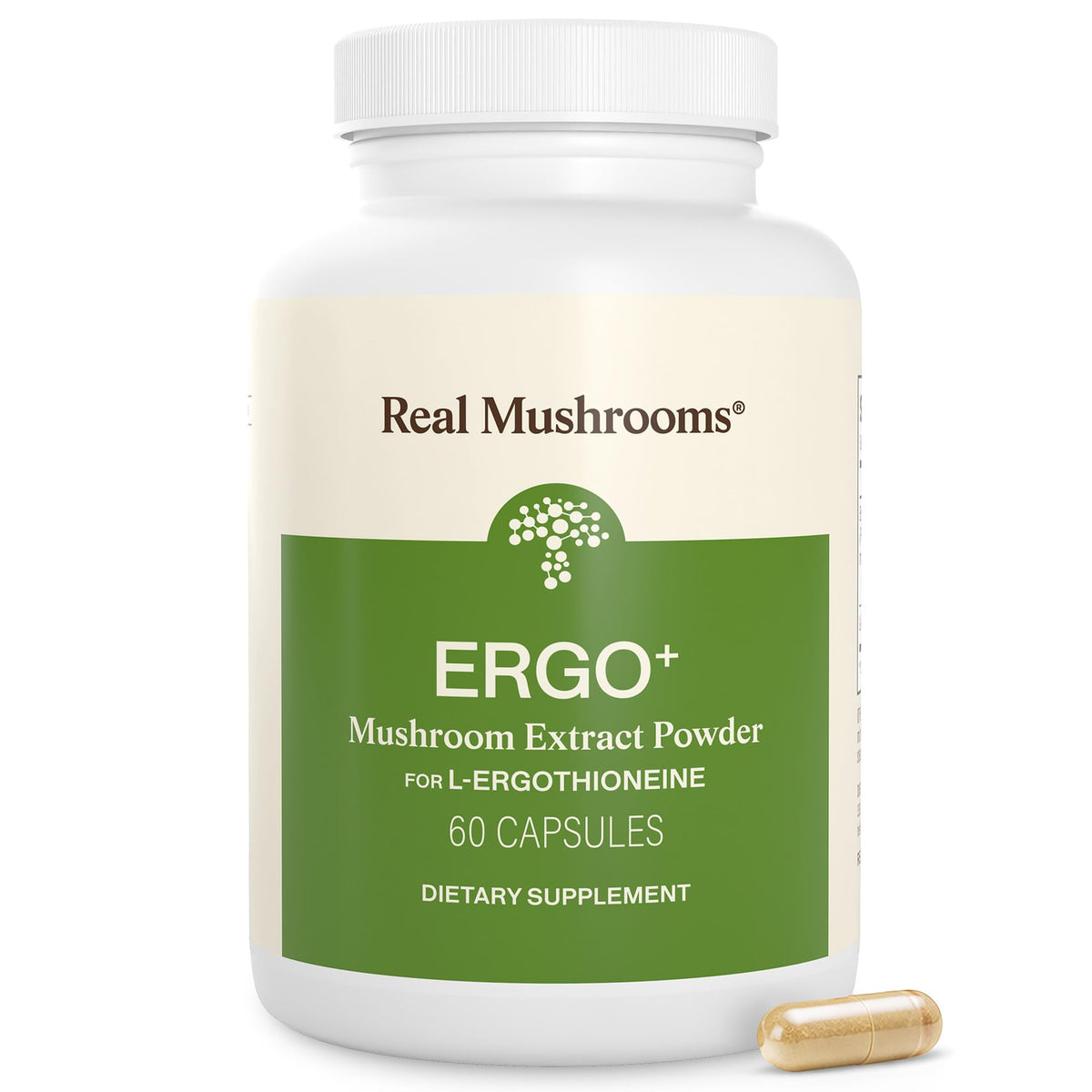 Real Mushrooms ergotionina: botella de cápsulas para consumo diario