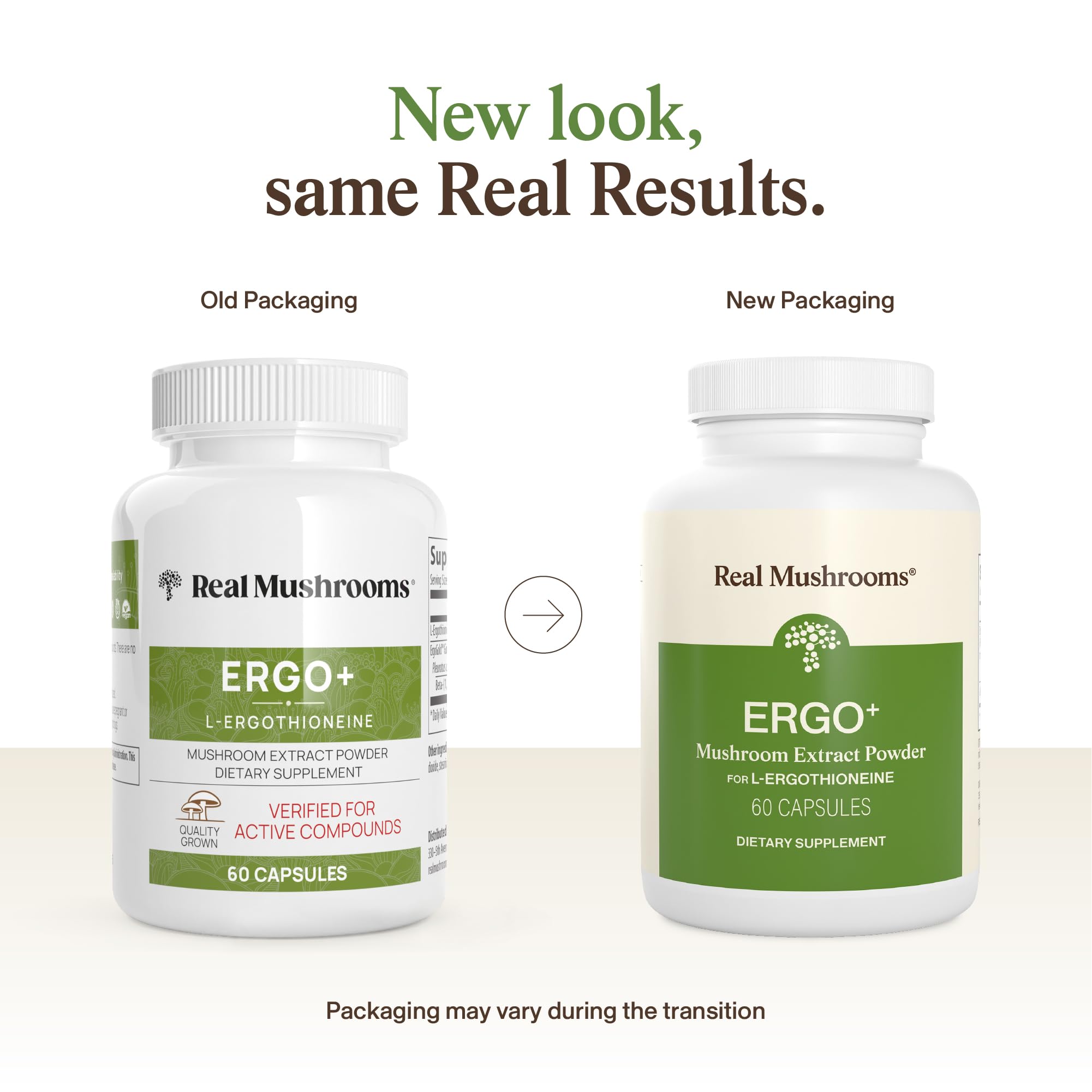 Etiqueta del producto Real Mushrooms ergotionina con detalles de pureza