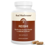 Real Mushrooms Reishi cápsulas frasco para uso diario cómodo.