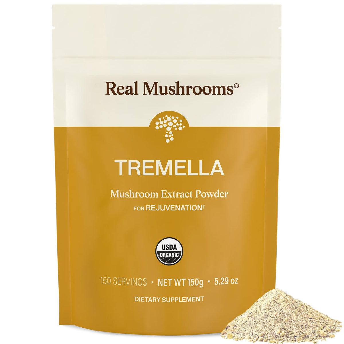 Real Mushrooms Tremella polvo en frasco con etiqueta para rutina diaria