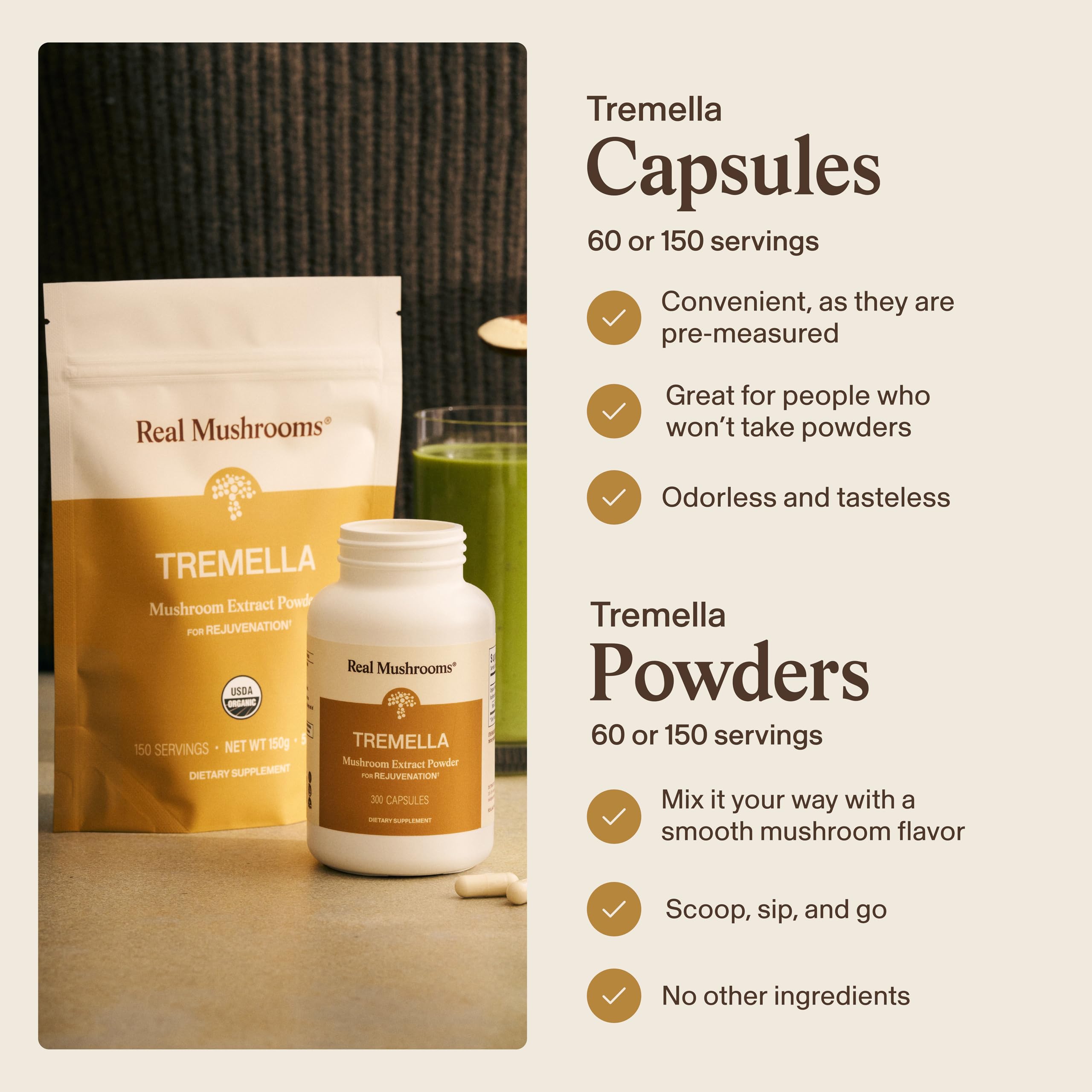 Real Mushrooms Tremella: producto orgánico hecho en EE. UU. con décadas de experiencia