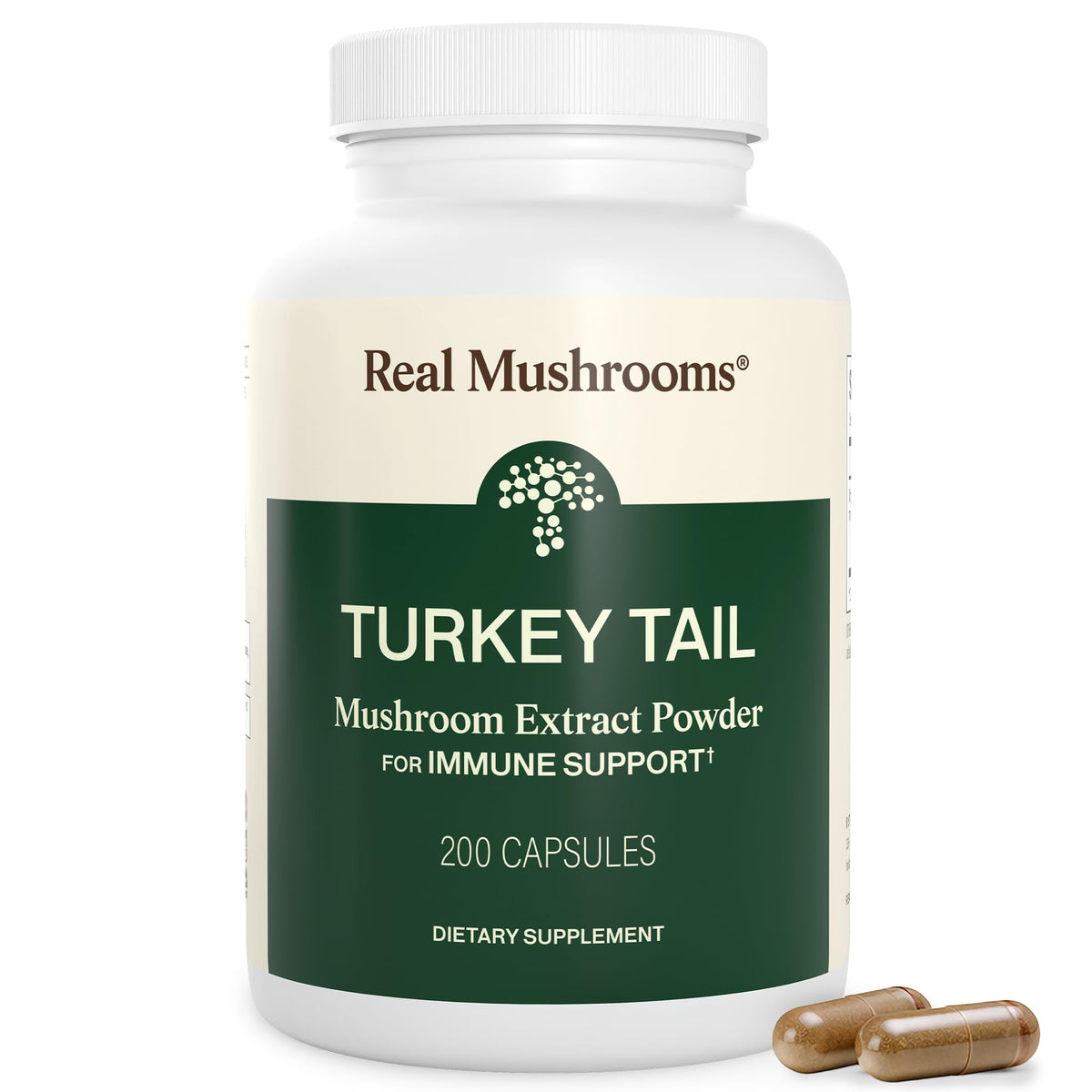 Real Mushrooms Turkey Tail Cápsulas: empaque para uso diario y fácil almacenamiento.