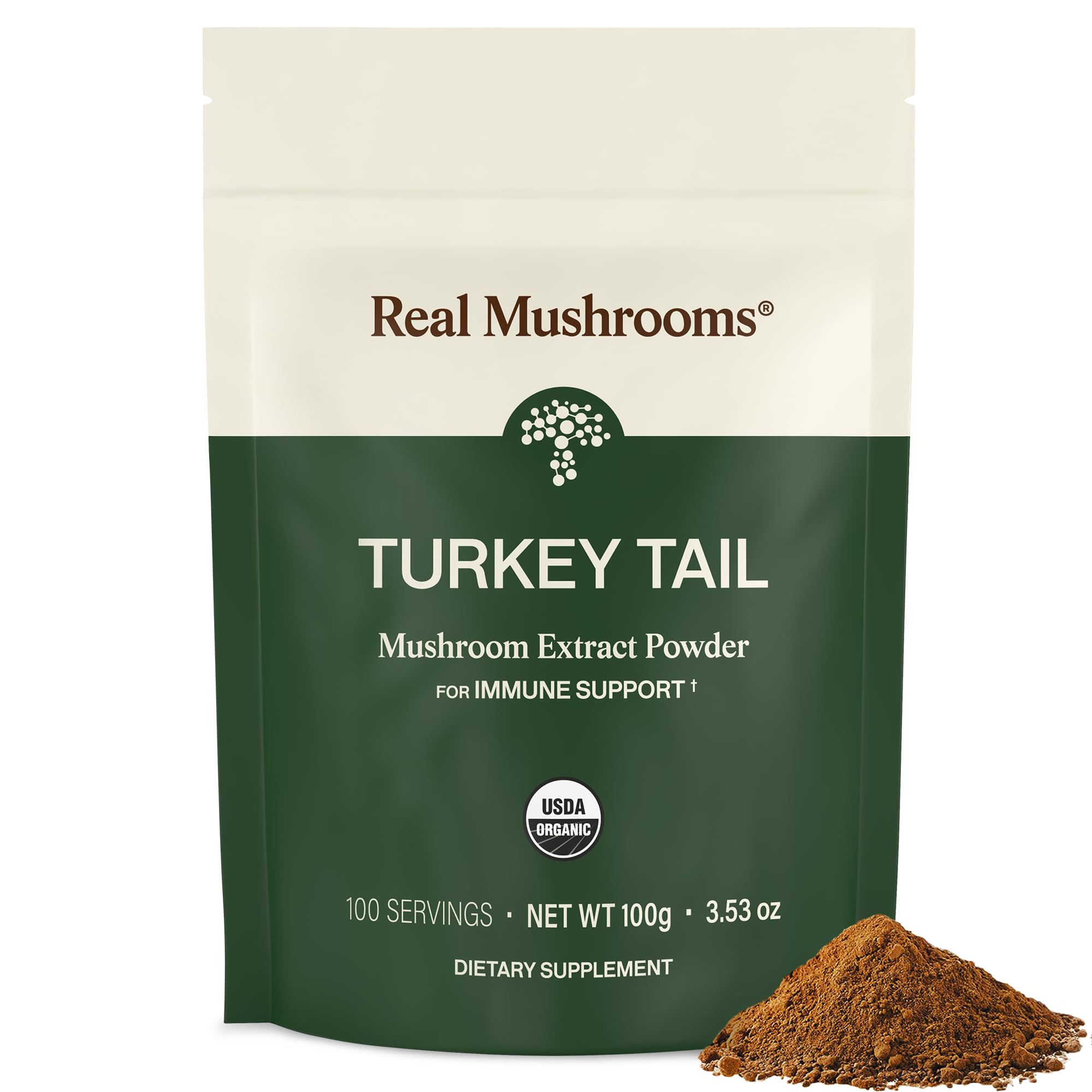 Real Mushrooms Turkey Tail polvo en frasco frontal, apoyo al bienestar general