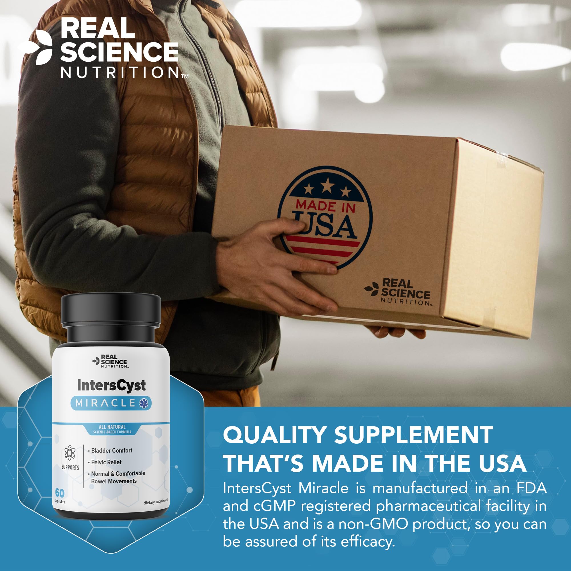 Real Science Nutrition IntersCyst Milagro, frascos en estante: opción natural para bienestar