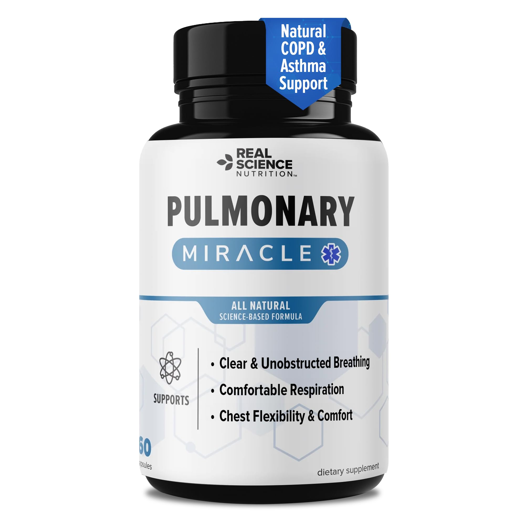 Real Science Nutrition Pulmonary Miracle: botella de cápsulas para apoyo respiratorio diario.
