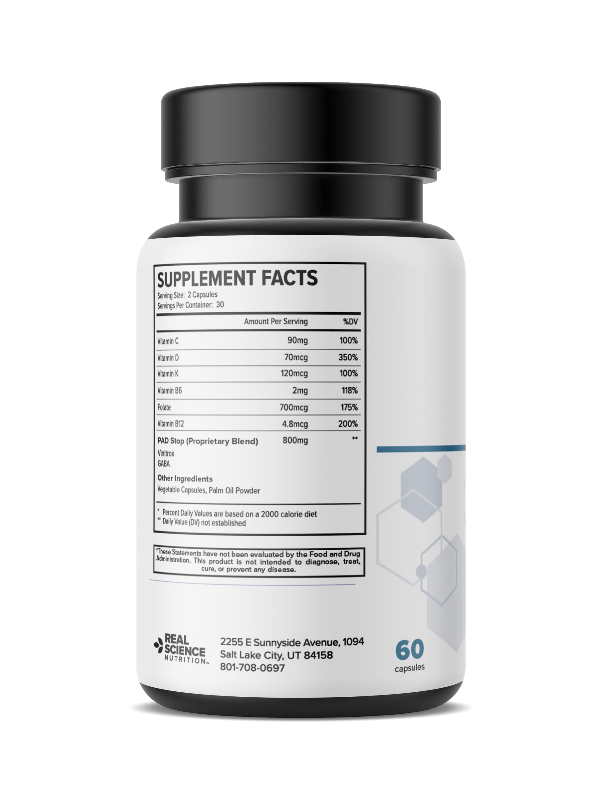 Real Science Nutrition Peripheral Arterial Miracle etiqueta: información clara sobre ingredientes clave