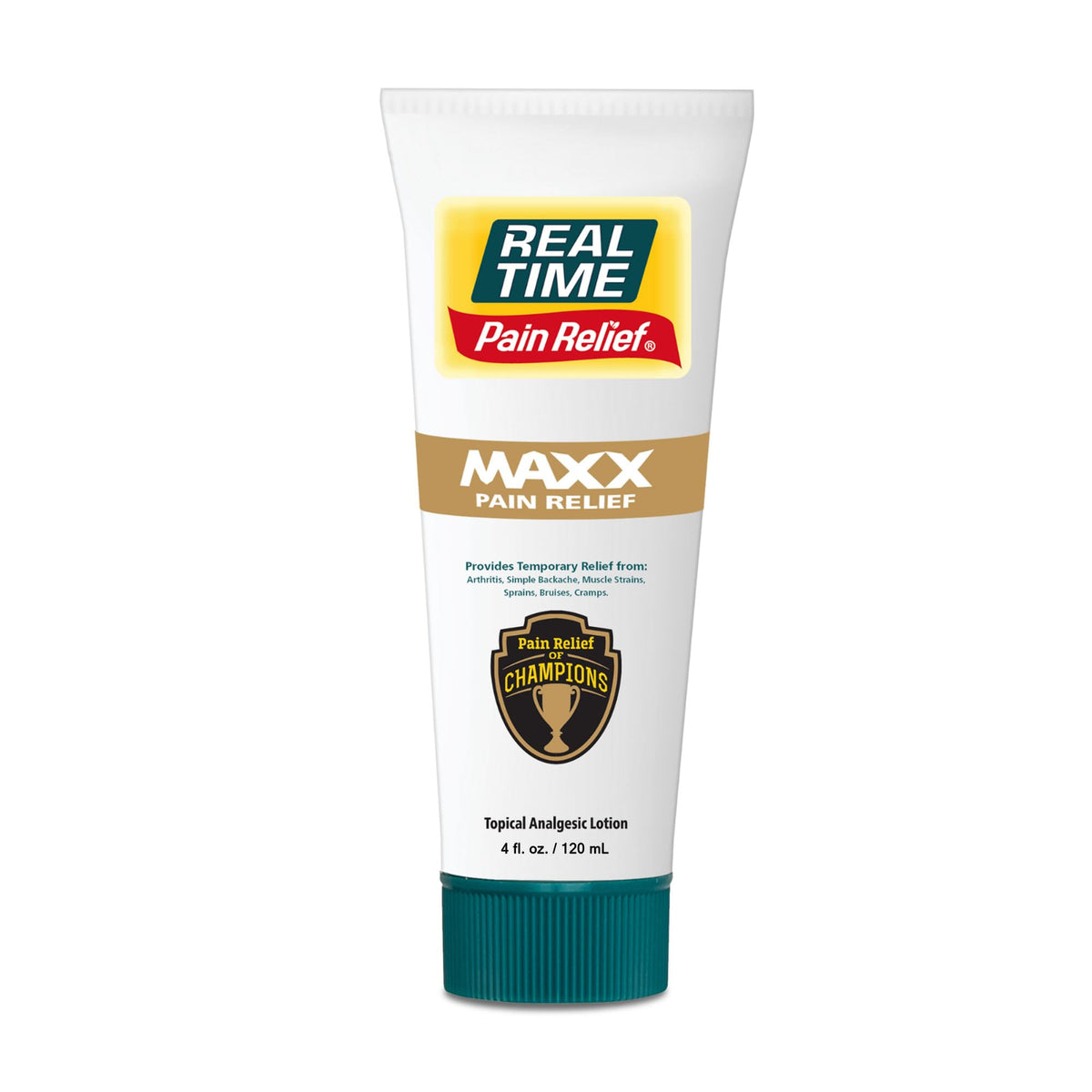 Real Time Pain Relief MAXX, botella de 4 oz, alivio localizado para dolor muscular.