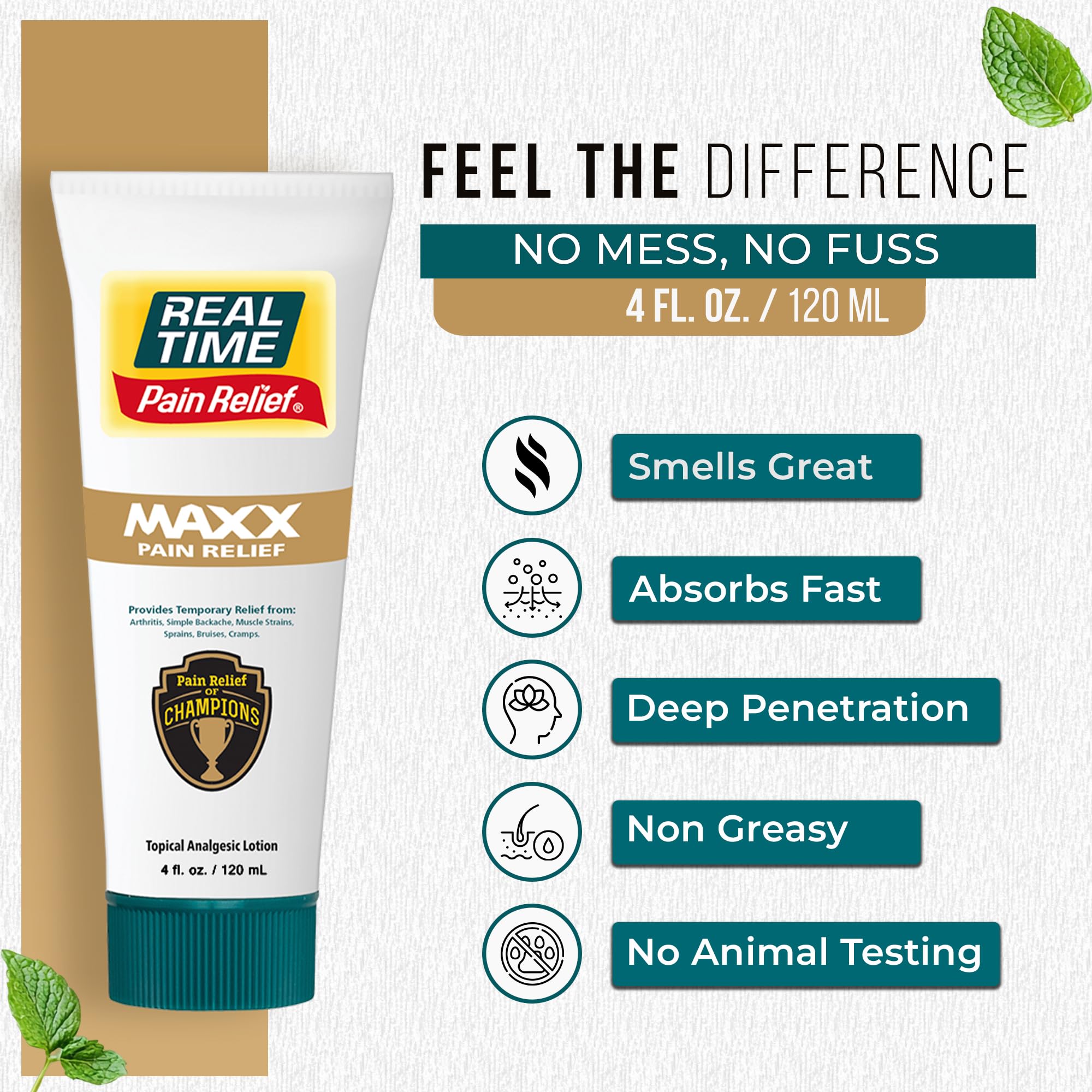 Real Time Pain Relief MAXX, crema de absorción rápida sin residuo grasoso.