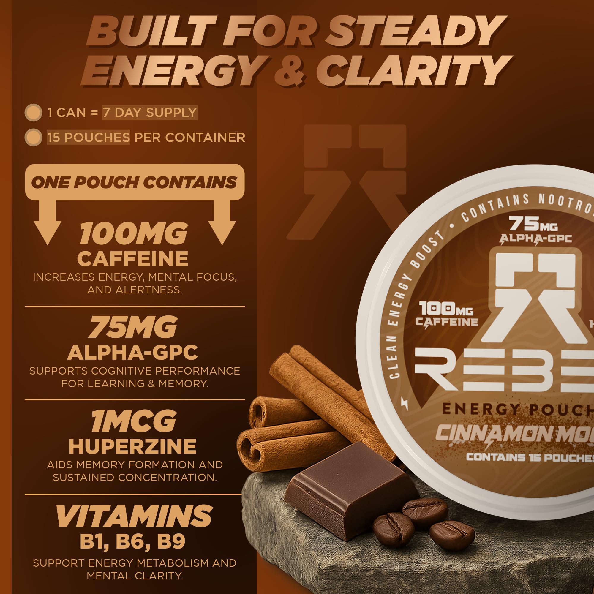 Rebel Supplements energía sostenida gracias a cafeína y nootrópicos para enfoque.