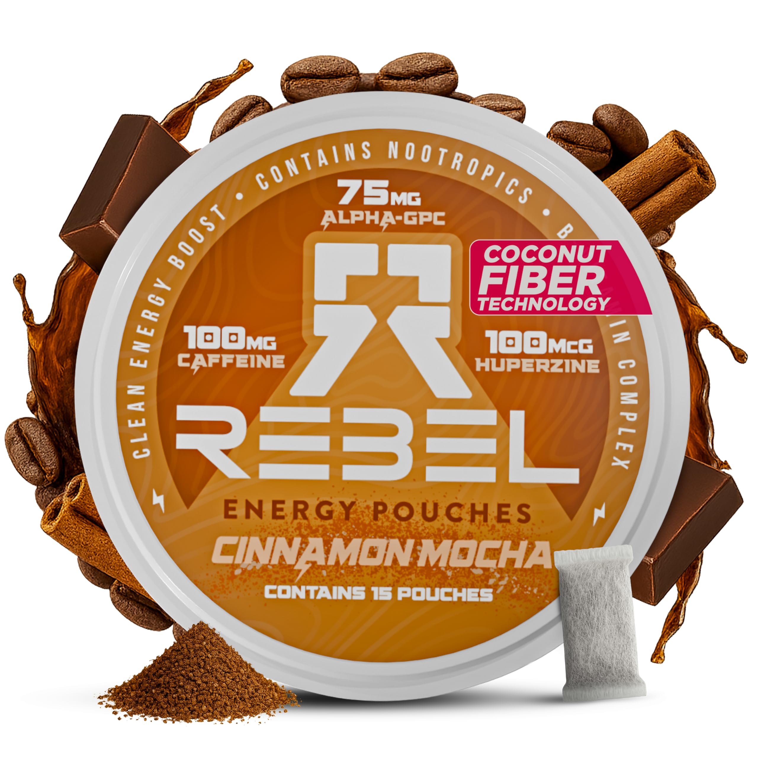 Rebel Supplements Nootrópico Caféina en bolsita Canela-Mocha para energía sostenida.