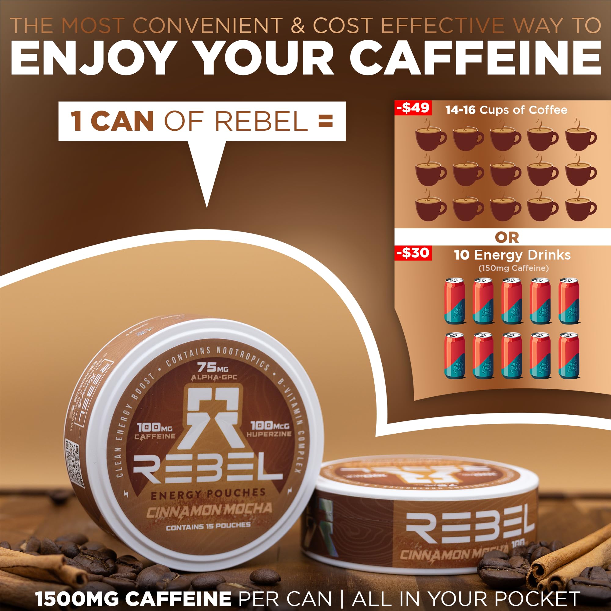 Rebel Supplements sabor canela-mocha que perdura sin amargor.