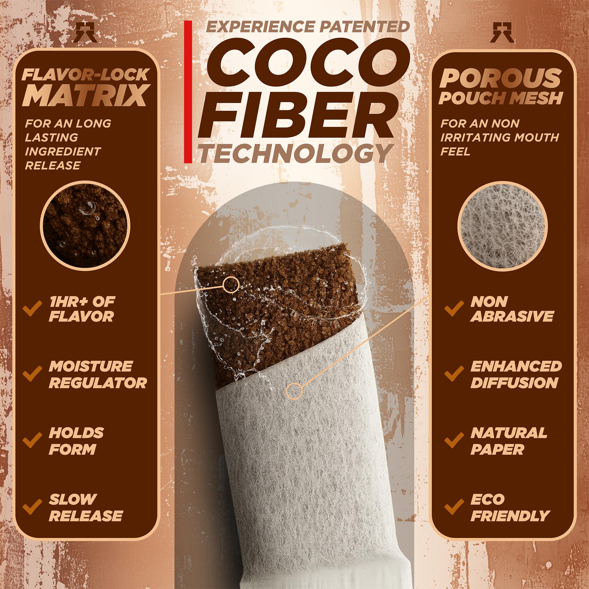 Rebel Supplements textura de coco fibra en empaque suave para comodidad.
