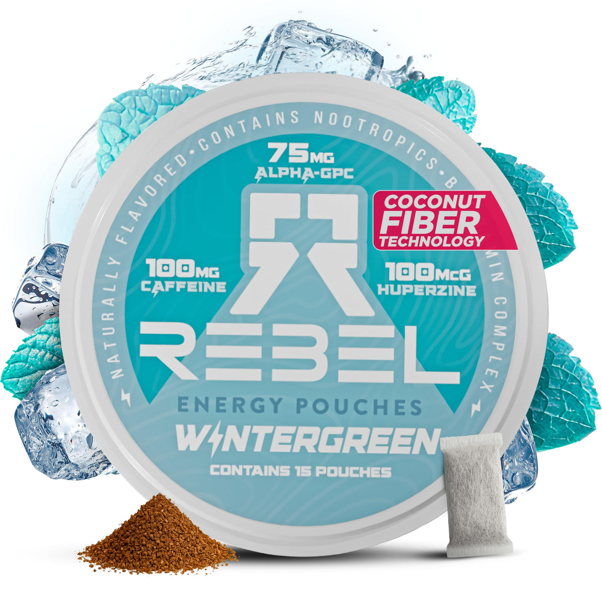 Rebel Nootrópicas de Energía Wintergreen en empaque con 15 bolsas para energía sostenida