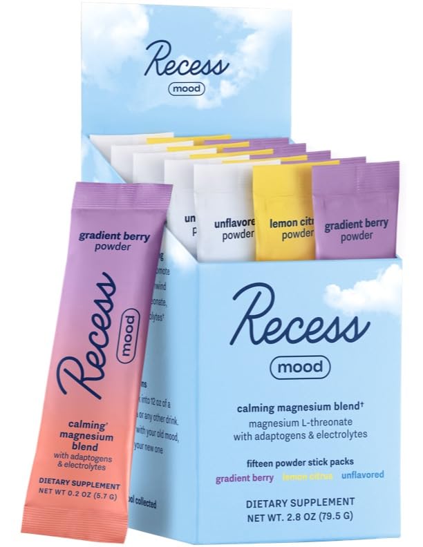 Recess Mood Powder, botella vertiendo, posible apoyo a la relajación al instante.