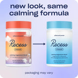 Recess Mood Powder, etiqueta detallada de ingredientes, destaca magnesio para calma y enfoque.