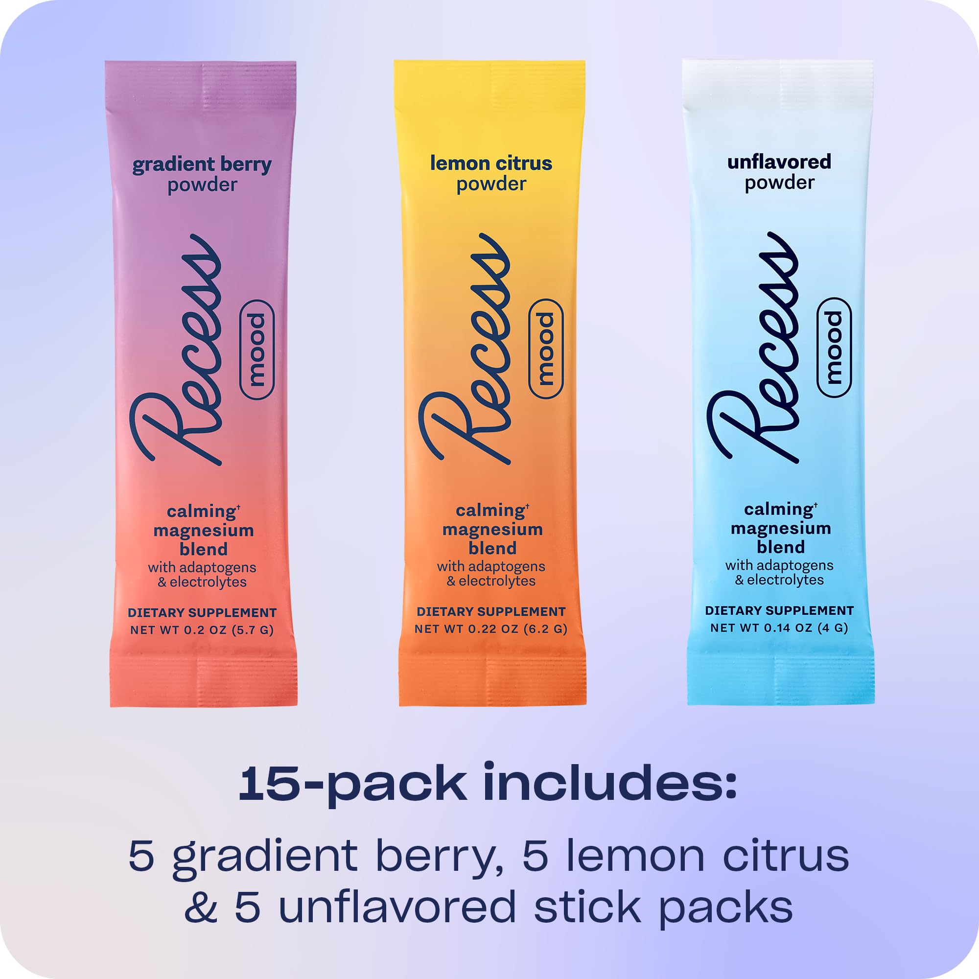 Recess Mood Powder, paquete muestra 15 sobres, prueba todos los sabores para ver cuál prefieres.