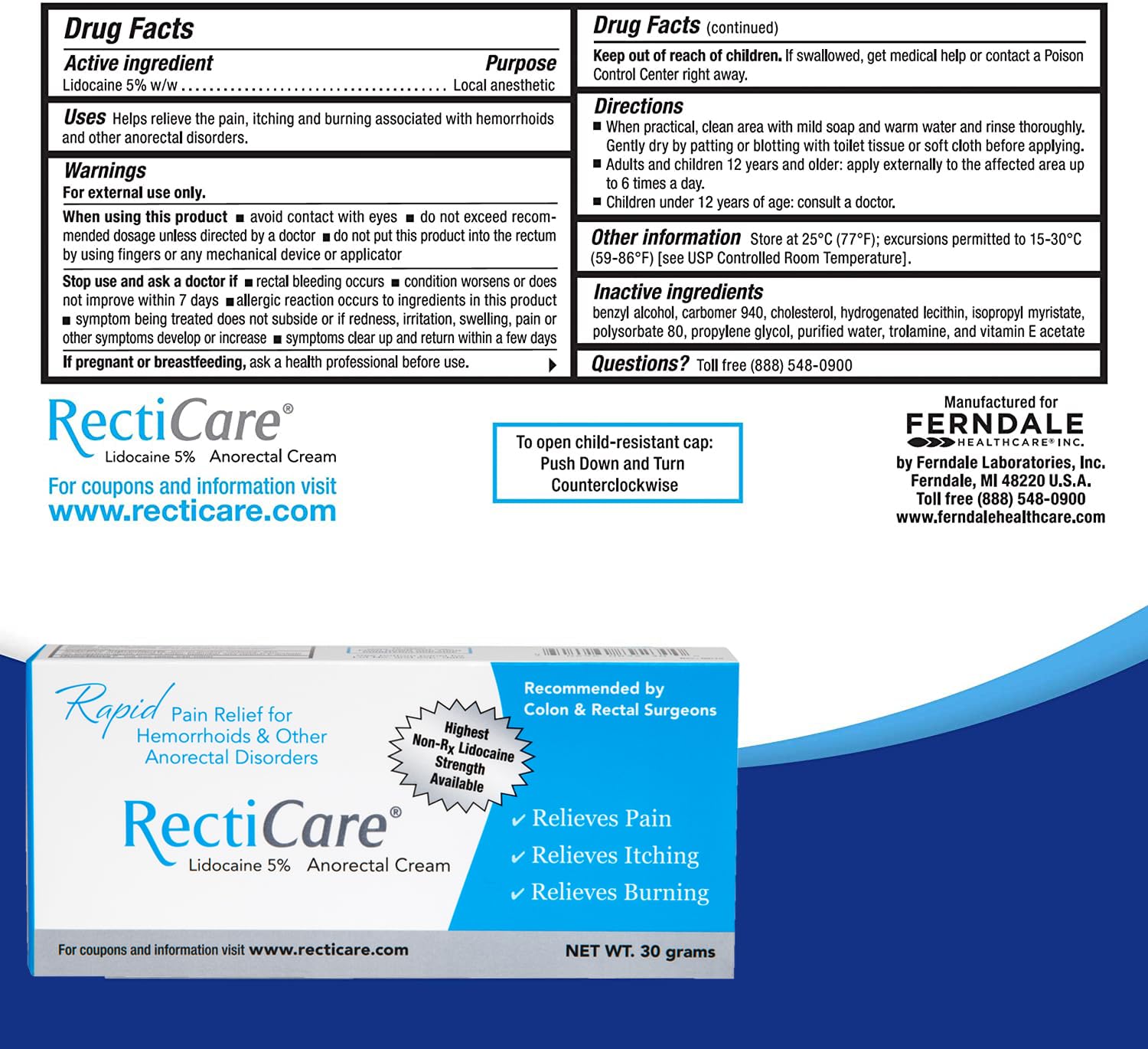 Recticare crema lidocaina 5% con aplicador compacto para uso cómodo.