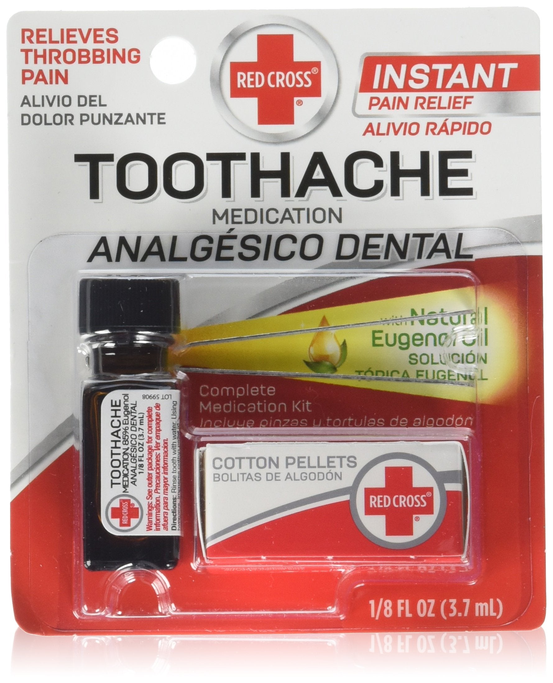 Kit Red Cross para dolor de muelas, envase compacto apto para emergencias.