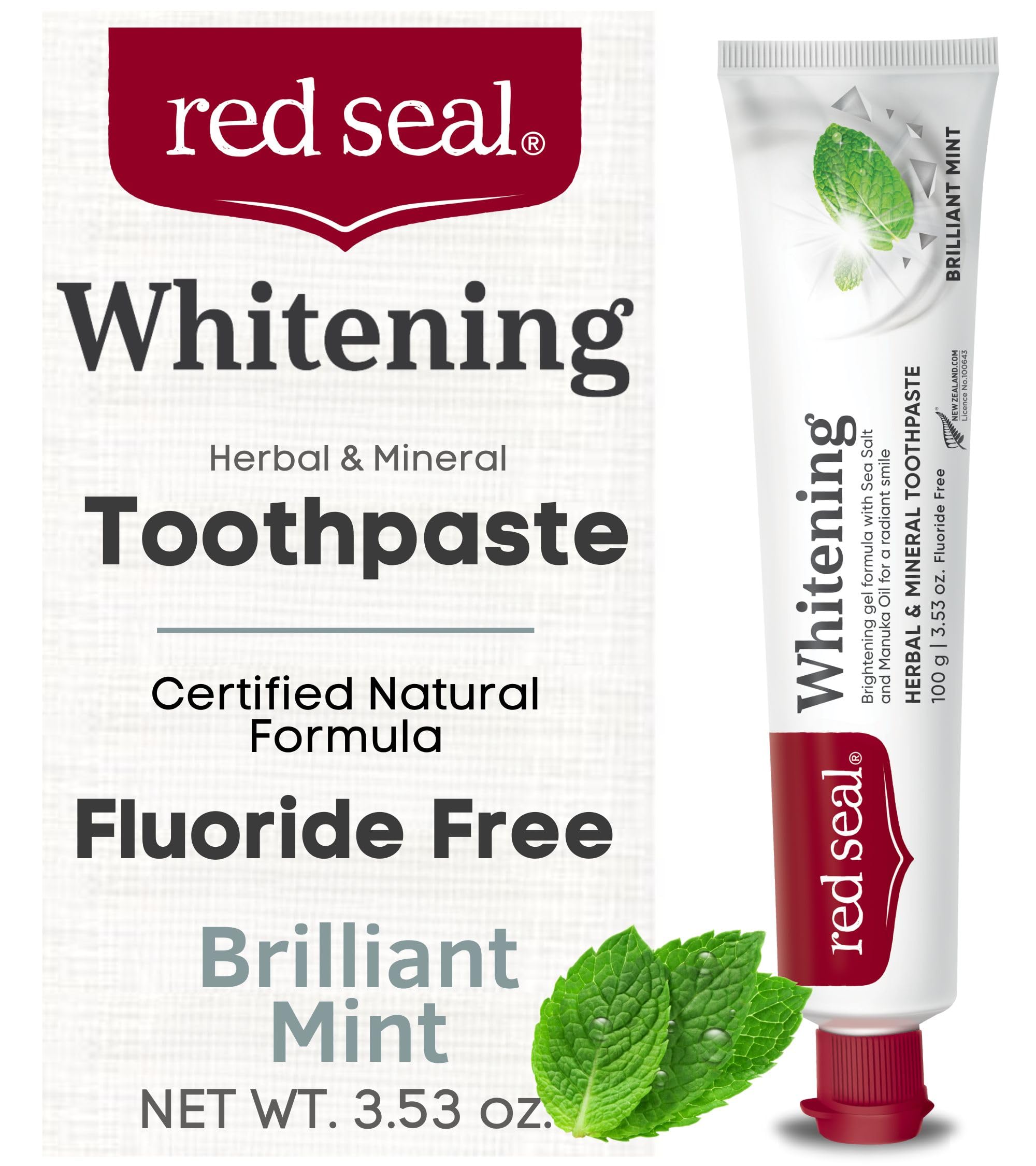 Pasta dental Red Seal sin fluoruro con blanqueante de menta para uso diario.