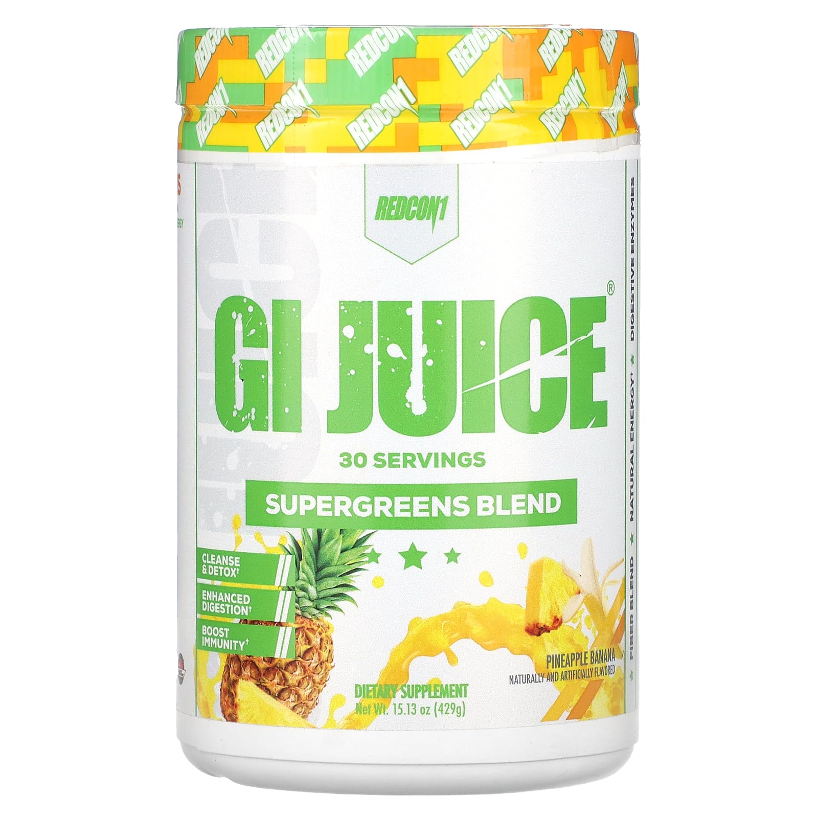 REDCON1 GI Juice, botella piña y plátano, apoyo digestivo diario y energía suave.