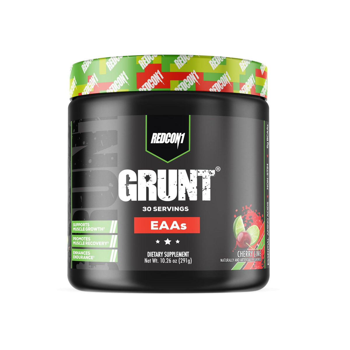 REDCON1 Grunt EAAs, frente del envase, posible apoyo a la recuperación muscular tras entrenar.