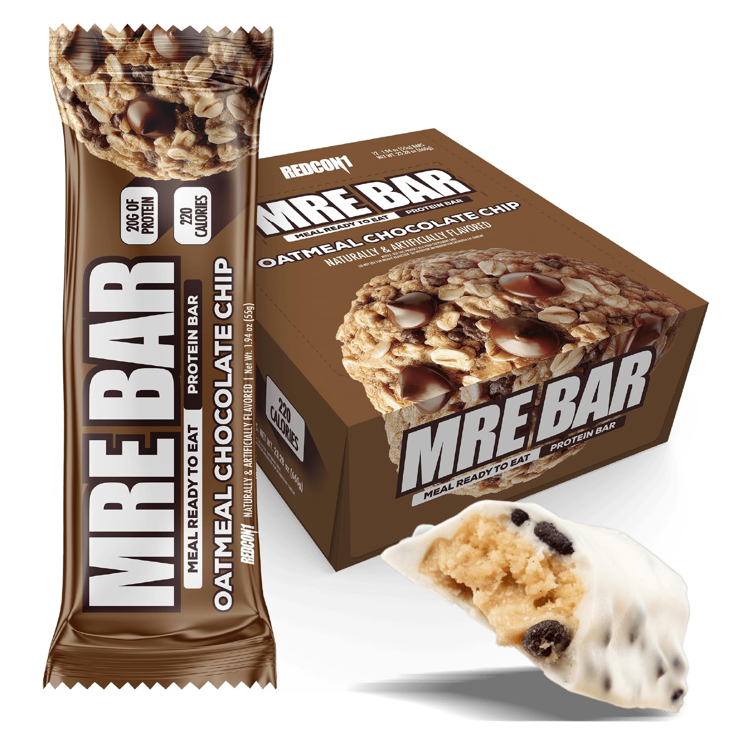 REDCON1 MRE barra de avena con chispas de chocolate, merienda proteica para desayuno rápido.