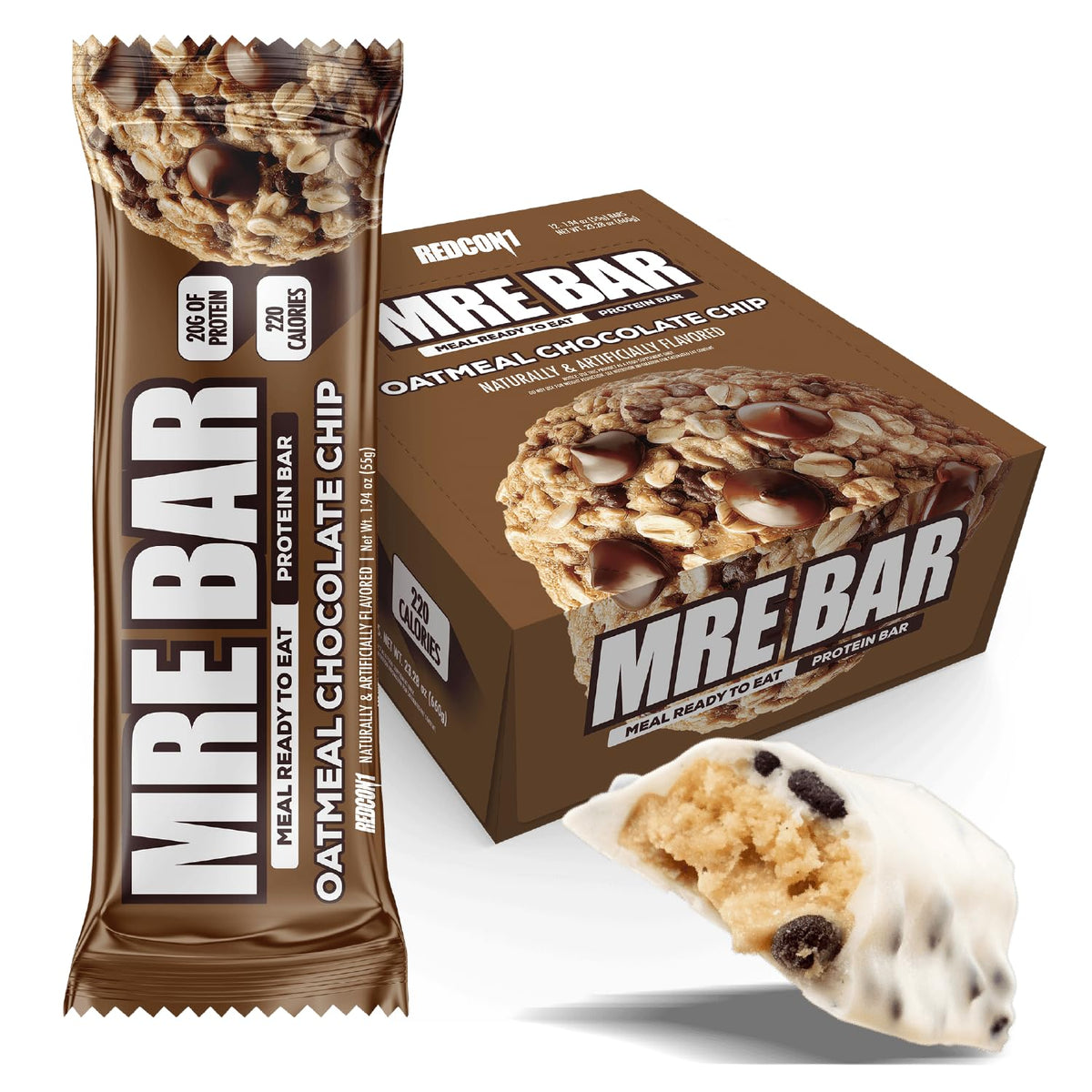 REDCON1 MRE barra de avena con chispas de chocolate, merienda proteica para desayuno rápido.