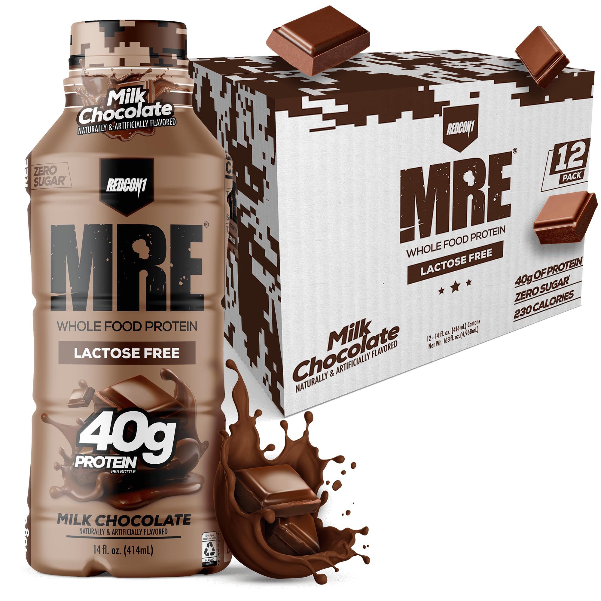REDCON1 MRE Ready to Drink Milk Chocolate: botella vertiendo, ideal para recuperación post-entrenamiento.