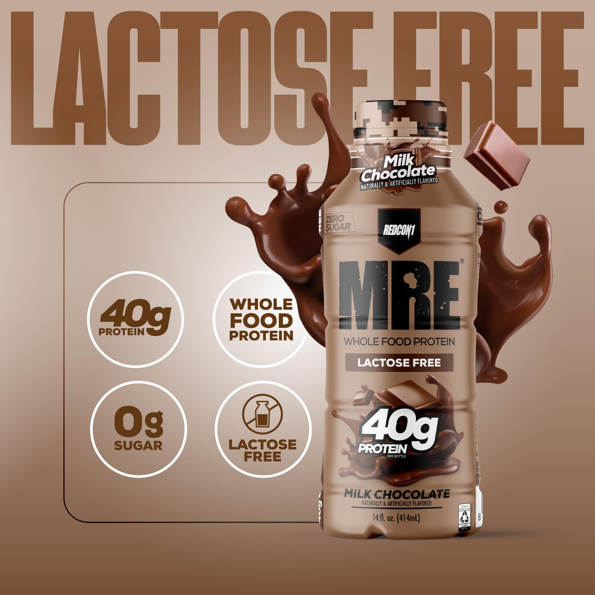 REDCON1 MRE Ready to Drink Milk Chocolate, etiqueta nutricional visible, alto contenido proteico.
