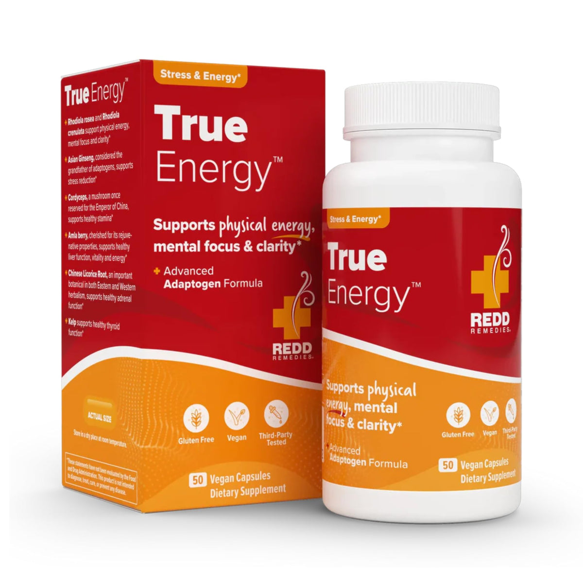 Redd Remedies True Energy, botella frente: posible impulso de energía sostenida para el día.