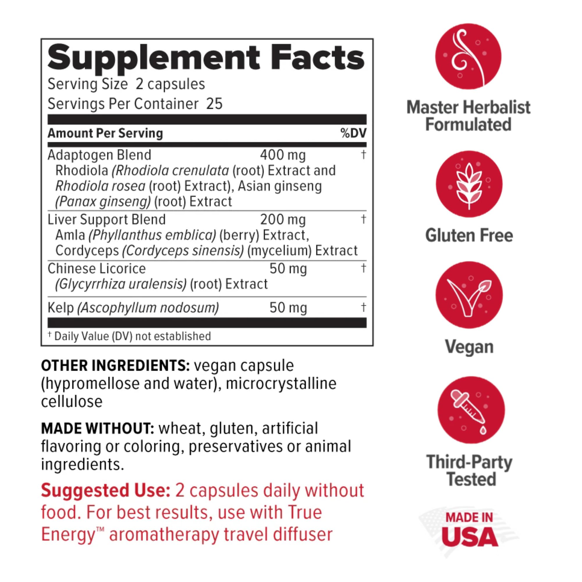 Redd Remedies True Energy, etiqueta frontal: apoyo potencial para la resistencia mental y física.