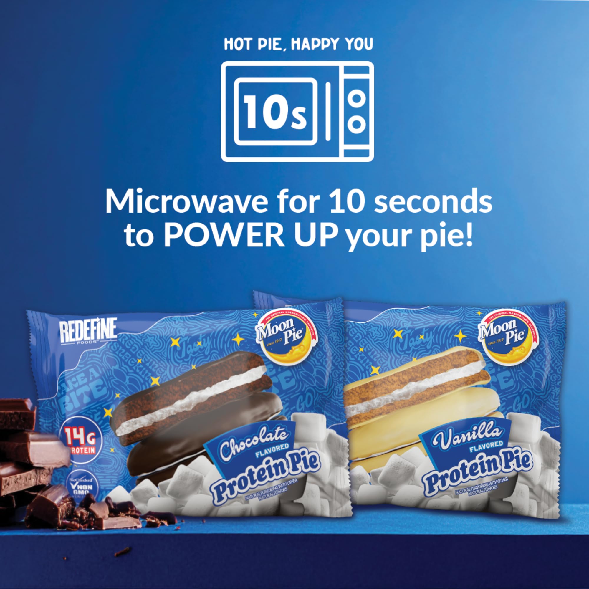 REDEFINE MoonPie Vanilla: dos galletas con relleno indulgente para un bocado delicioso.