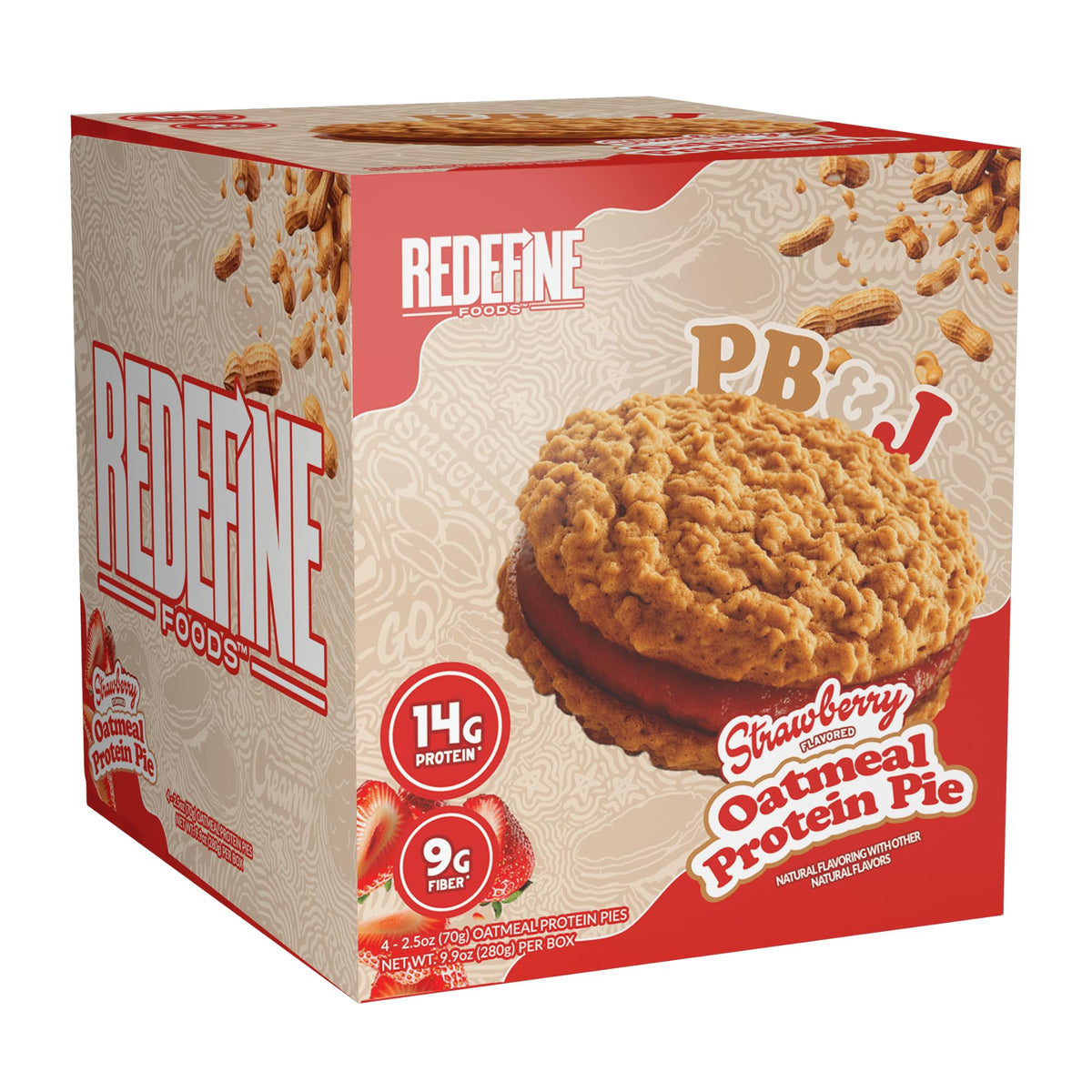 REDEFINE Oatmeal Protein Pie PB&J, empaque práctico para lonchera y viaje.
