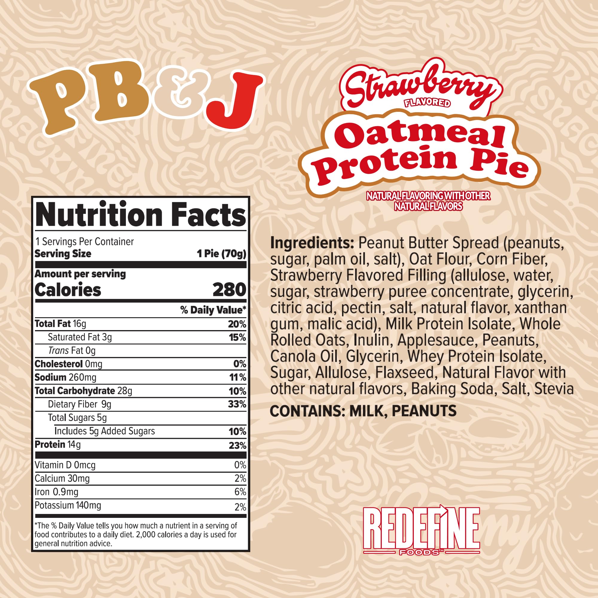 REDEFINE Oatmeal Protein Pie PB&J, detalle de sabor PB y jelly para disfrutar en cualquier momento.