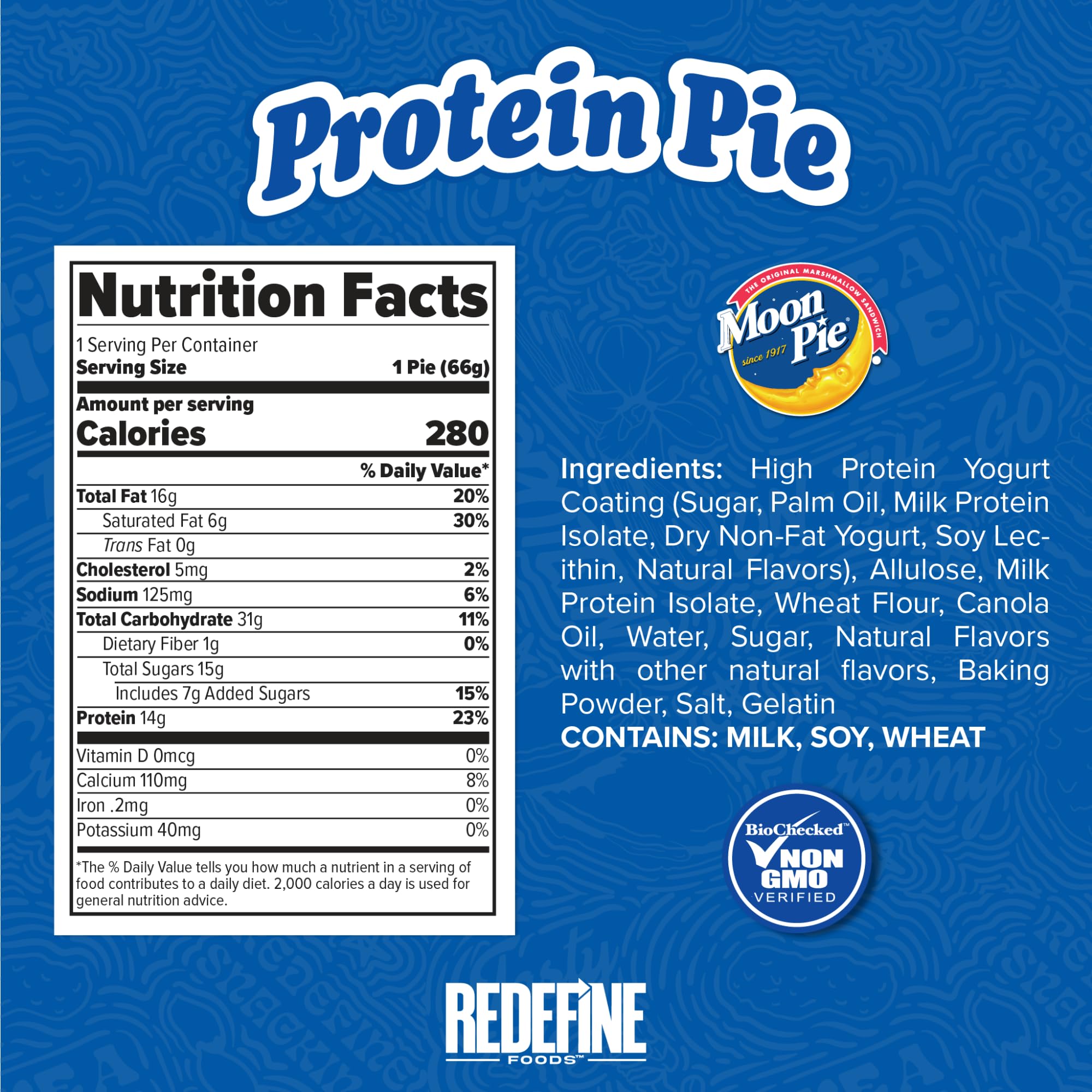 REDEFINE Proteína Pie MoonPie Vanilla, dos galletas con relleno suave y 14 g proteína.