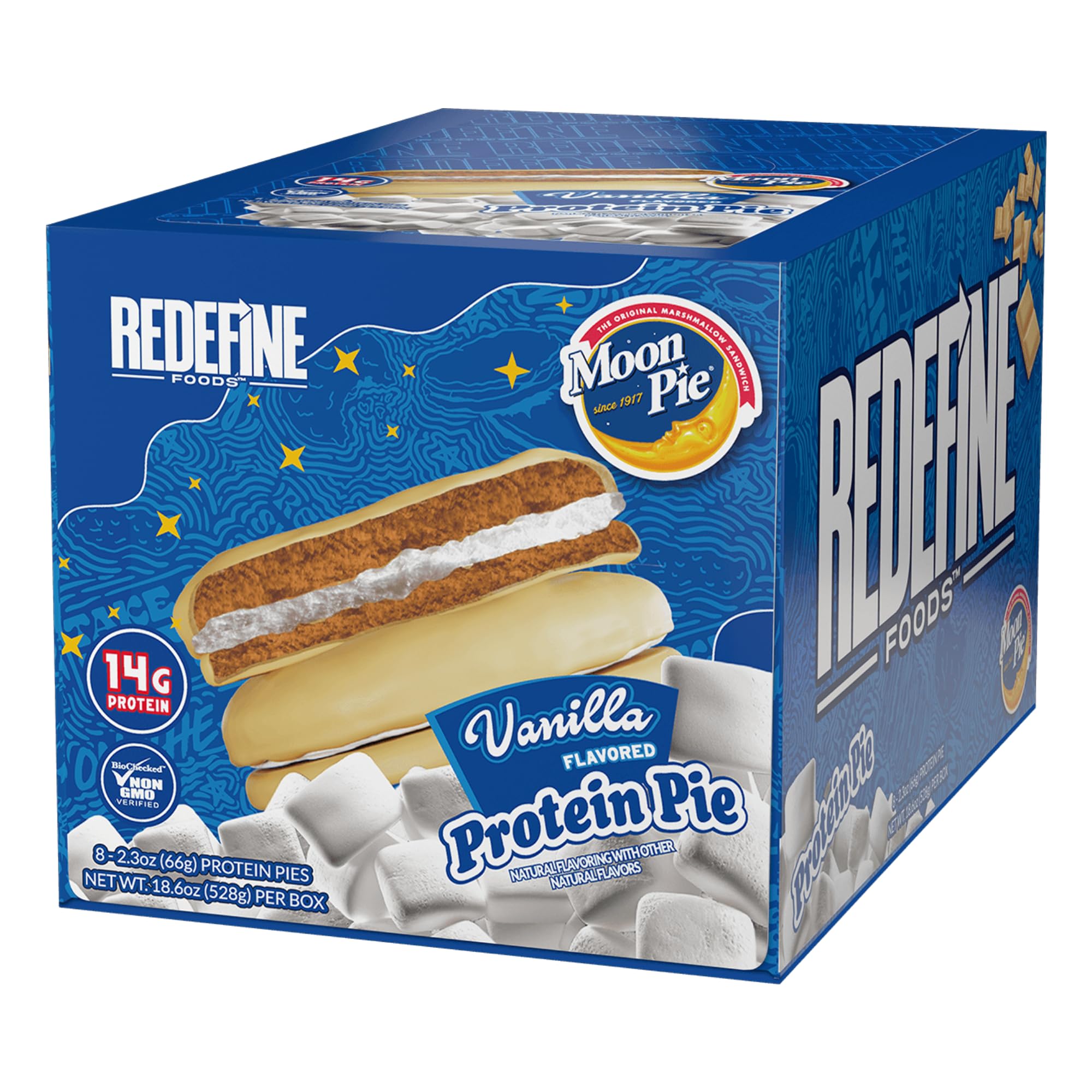 REDEFINE Proteína Pie MoonPie Vanilla, empaque práctico para meriendas en movimiento.