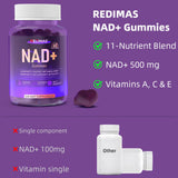 Redimas NAD Gummies, ingredientes clave como resveratrol, quercetina y colágeno.