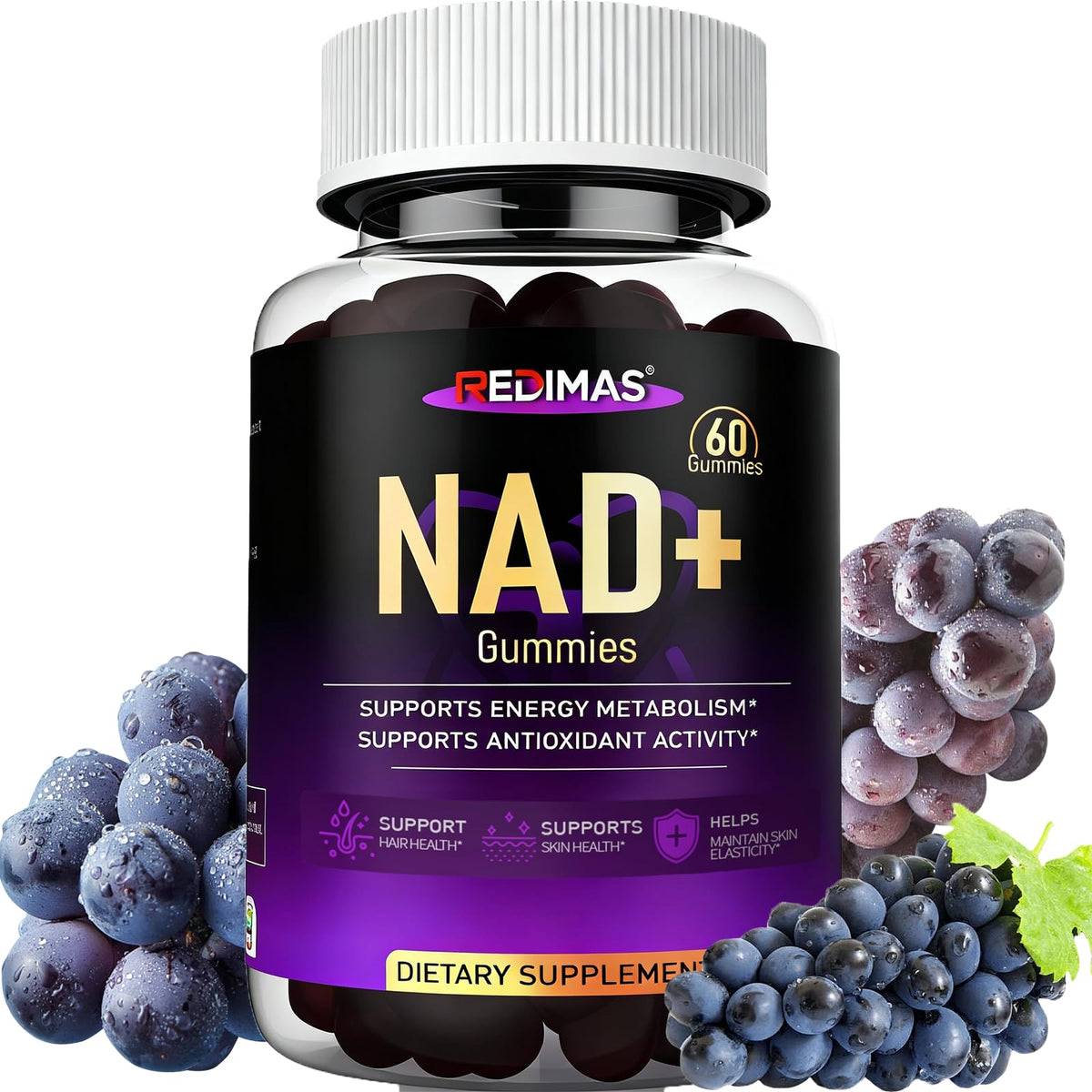 Redimas NAD Gummies sabor uva, gomitas masticables para consumo diario práctico.