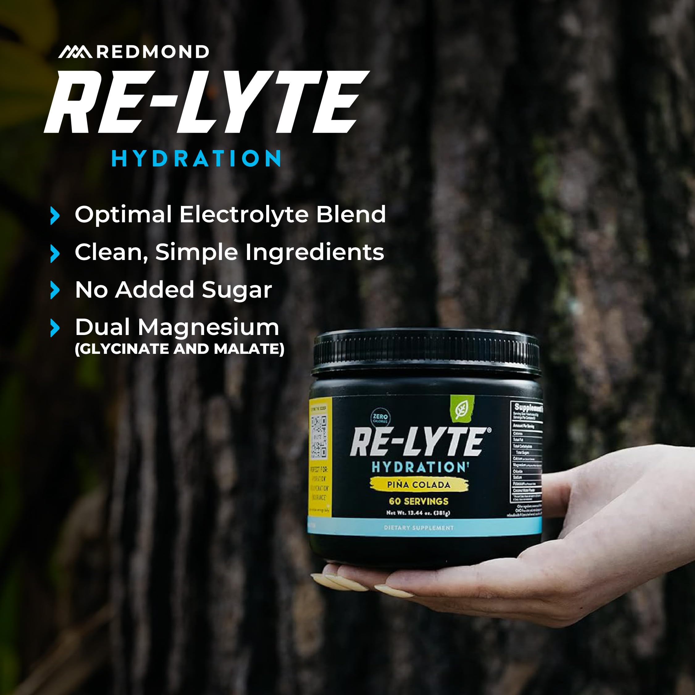 Redmond Re-Lyte etiquetas-minerales Real Salt, información clara sobre electrolitos.
